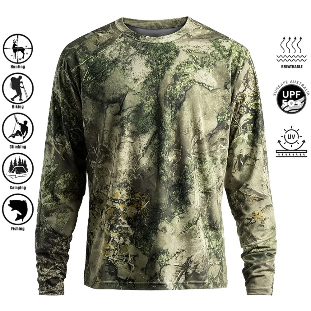 Outdoor Hunting Prints - เสื้อยืดแขนยาวผู้ชาย โพลีเอสเตอร์ พิมพ์ลาย 3D ลายพราง ป้องกันรังสียูวี