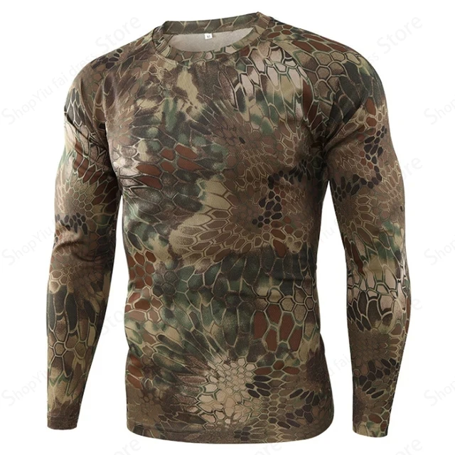 Outdoor Hunting Prints - เสื้อยืดแขนยาวลายพรางสำหรับผู้ชาย สไตล์ทหาร ยุทธวิธี สำหรับกิจกรรมกลางแจ้ง ล่าสัตว์ เดินป่า